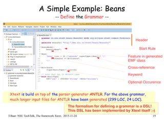 T.Baar: NSU TechTalk, The framework Xtext. 2015-11-24 19
Xtext is build on top of the parser generator ANTLR. For the above grammar,
much longer input files for ANTLR have been generated (299 LOC, 24 LOC).
A Simple Example: Beans
-- Define the Grammar --
Header
Start Rule
Feature in generated
EMF class
Cross-reference
Keyword
Optional Occurence
The formalism for defining a grammar is a DSL!
This DSL has been implemented by Xtext itself ;-)
 