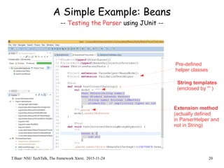 T.Baar: NSU TechTalk, The framework Xtext. 2015-11-24 20
A Simple Example: Beans
-- Testing the Parser using JUnit --
Pre-defined
helper classes
String templates
(enclosed by ''' )
Extension method
(actually defined
in ParserHelper and
not in String)
 