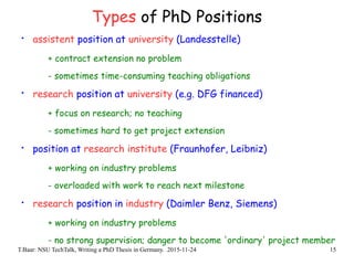 T.Baar: NSU TechTalk, Writing a PhD Thesis in Germany. 2015-11-24 15
Types of PhD Positions
• assistent position at university (Landesstelle)
+ contract extension no problem
- sometimes time-consuming teaching obligations
• research position at university (e.g. DFG financed)
+ focus on research; no teaching
- sometimes hard to get project extension
• position at research institute (Fraunhofer, Leibniz)
+ working on industry problems
- overloaded with work to reach next milestone
• research position in industry (Daimler Benz, Siemens)
+ working on industry problems
- no strong supervision; danger to become 'ordinary' project member
 