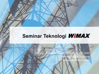 Seminar Teknologi WiMAX
Himatel – Politeknik Negeri Bandung,11 Juni 2005
oleh Agung Kus Sugiharto
PT. Rahajasa Media Internet
 