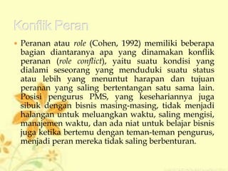  Peranan atau role (Cohen, 1992) memiliki beberapa
bagian diantaranya apa yang dinamakan konflik
peranan (role conflict), yaitu suatu kondisi yang
dialami seseorang yang menduduki suatu status
atau lebih yang menuntut harapan dan tujuan
peranan yang saling bertentangan satu sama lain.
Posisi pengurus PMS, yang kesehariannya juga
sibuk dengan bisnis masing-masing, tidak menjadi
halangan untuk meluangkan waktu, saling mengisi,
manajemen waktu, dan ada niat untuk belajar bisnis
juga ketika bertemu dengan teman-teman pengurus,
menjadi peran mereka tidak saling berbenturan.
 