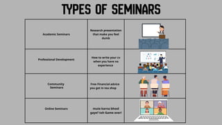 Academic Seminars
Research presentation
that make you feel
dumb
Professional Development
How to write your cv
when you have no
experience
Community
Seminars
Free Financial advice
you get in tea shop
Online Seminars mute karna bhool
gaye? toh Game over!
 