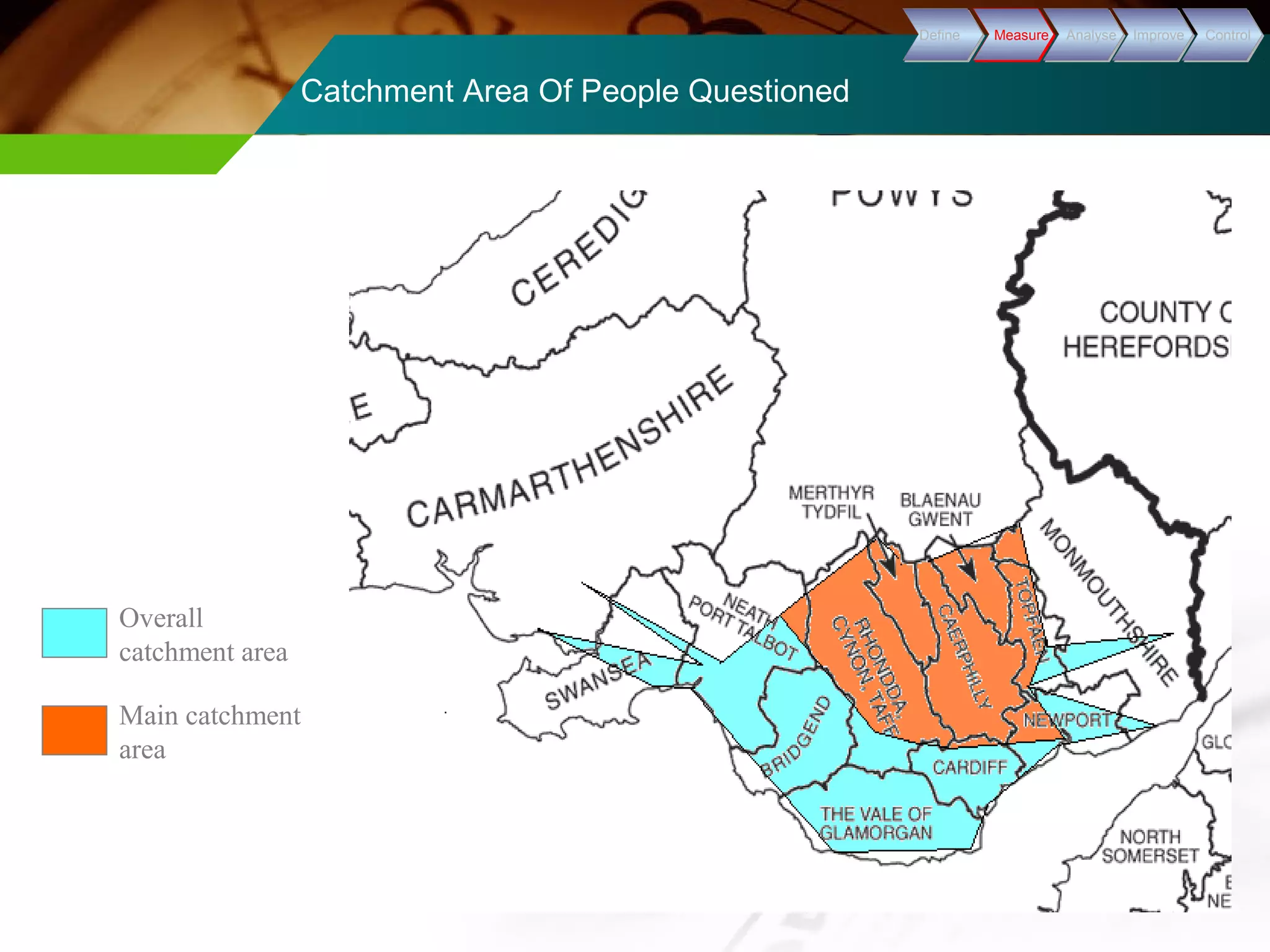 Catchment Area Of People Questioned 
Overall 
catchment area 
Main catchment 
area 
DDeeffiinnee MMeeaassuurree AAnnaallyyssee IImmpprroovvee CCoonnttrrooll 
 