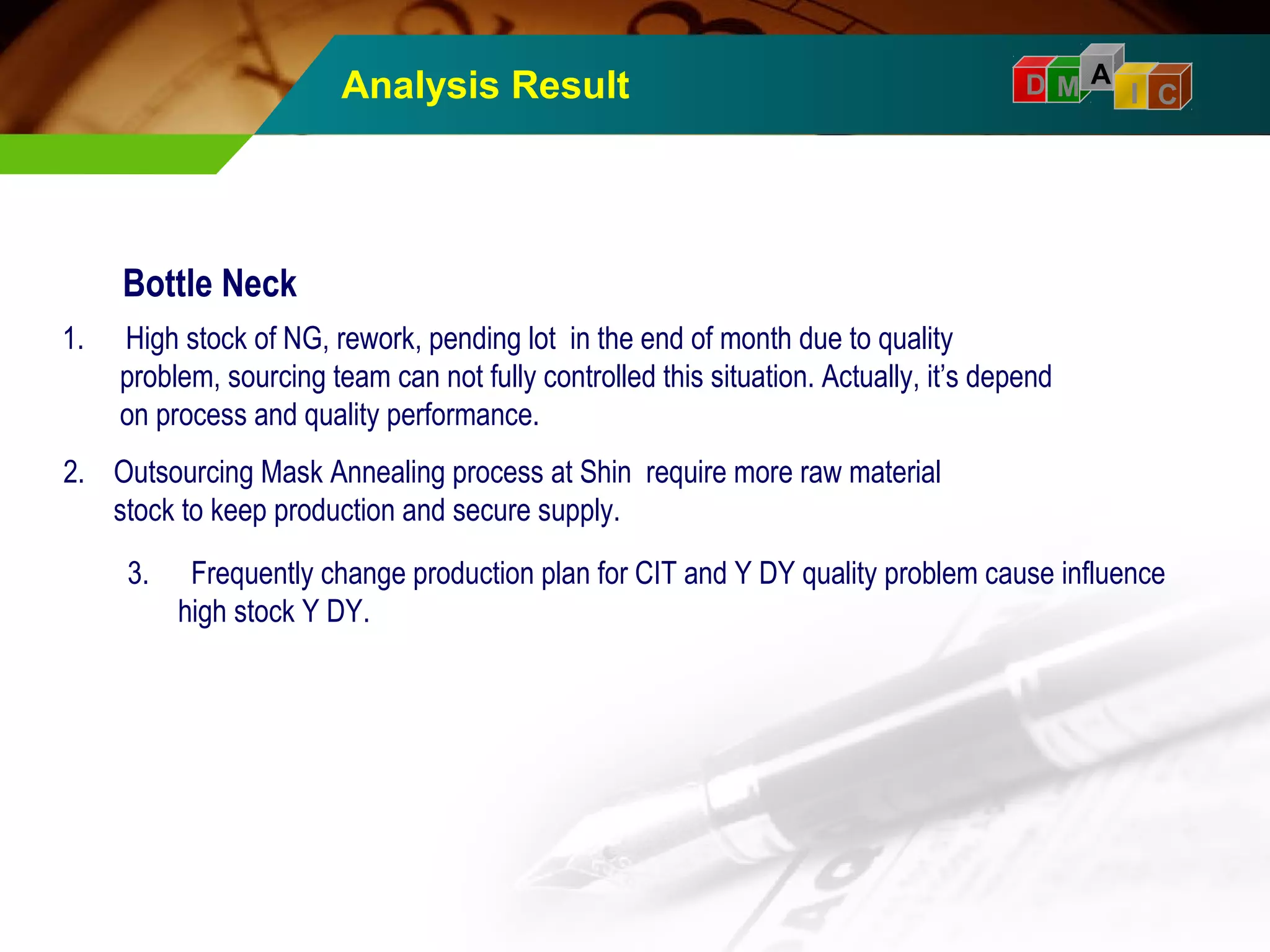 D M A I C 
Bottle Neck 
Analysis Result 
1. High stock of NG, rework, pending lot in the end of month due to quality 
problem, sourcing team can not fully controlled this situation. Actually, it’s depend 
on process and quality performance. 
2. Outsourcing Mask Annealing process at Shin require more raw material 
stock to keep production and secure supply. 
3. Frequently change production plan for CIT and Y DY quality problem cause influence 
high stock Y DY. 
 
