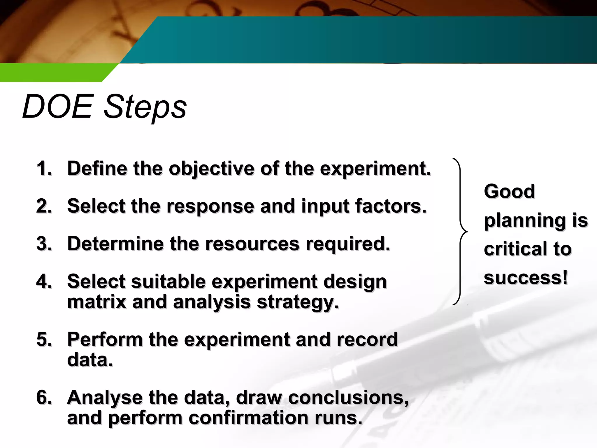 DOE Steps 
11.. DDeeffiinnee tthhee oobbjjeeccttiivvee ooff tthhee eexxppeerriimmeenntt.. 
22.. SSeelleecctt tthhee rreessppoonnssee aanndd iinnppuutt ffaaccttoorrss.. 
33.. DDeetteerrmmiinnee tthhee rreessoouurrcceess rreeqquuiirreedd.. 
44.. SSeelleecctt ssuuiittaabbllee eexxppeerriimmeenntt ddeessiiggnn 
mmaattrriixx aanndd aannaallyyssiiss ssttrraatteeggyy.. 
55.. PPeerrffoorrmm tthhee eexxppeerriimmeenntt aanndd rreeccoorrdd 
ddaattaa.. 
66.. AAnnaallyyssee tthhee ddaattaa,, ddrraaww ccoonncclluussiioonnss,, 
aanndd ppeerrffoorrmm ccoonnffiirrmmaattiioonn rruunnss.. 
GGoooodd 
ppllaannnniinngg iiss 
ccrriittiiccaall ttoo 
ssuucccceessss!! 
 