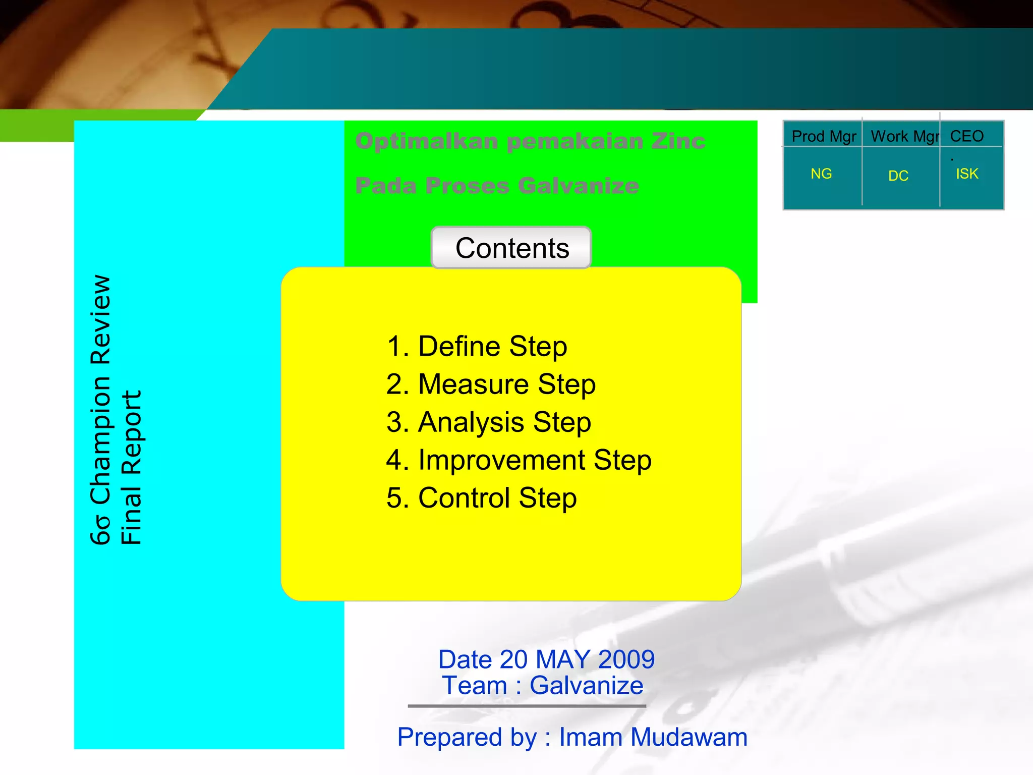 Optimalkan pemakaian Zinc 
Pada Proses Galvanize 
Date 20 MAY 2009 
Team : Galvanize 
Prepared by : Imam Mudawam 
Prod Mgr CEO 
. 
Work Mgr 
6s Champion Review 
Final Report 
Contents 
1. Define Step 
2. Measure Step 
3. Analysis Step 
4. Improvement Step 
5. Control Step 
NG DC ISK 
 