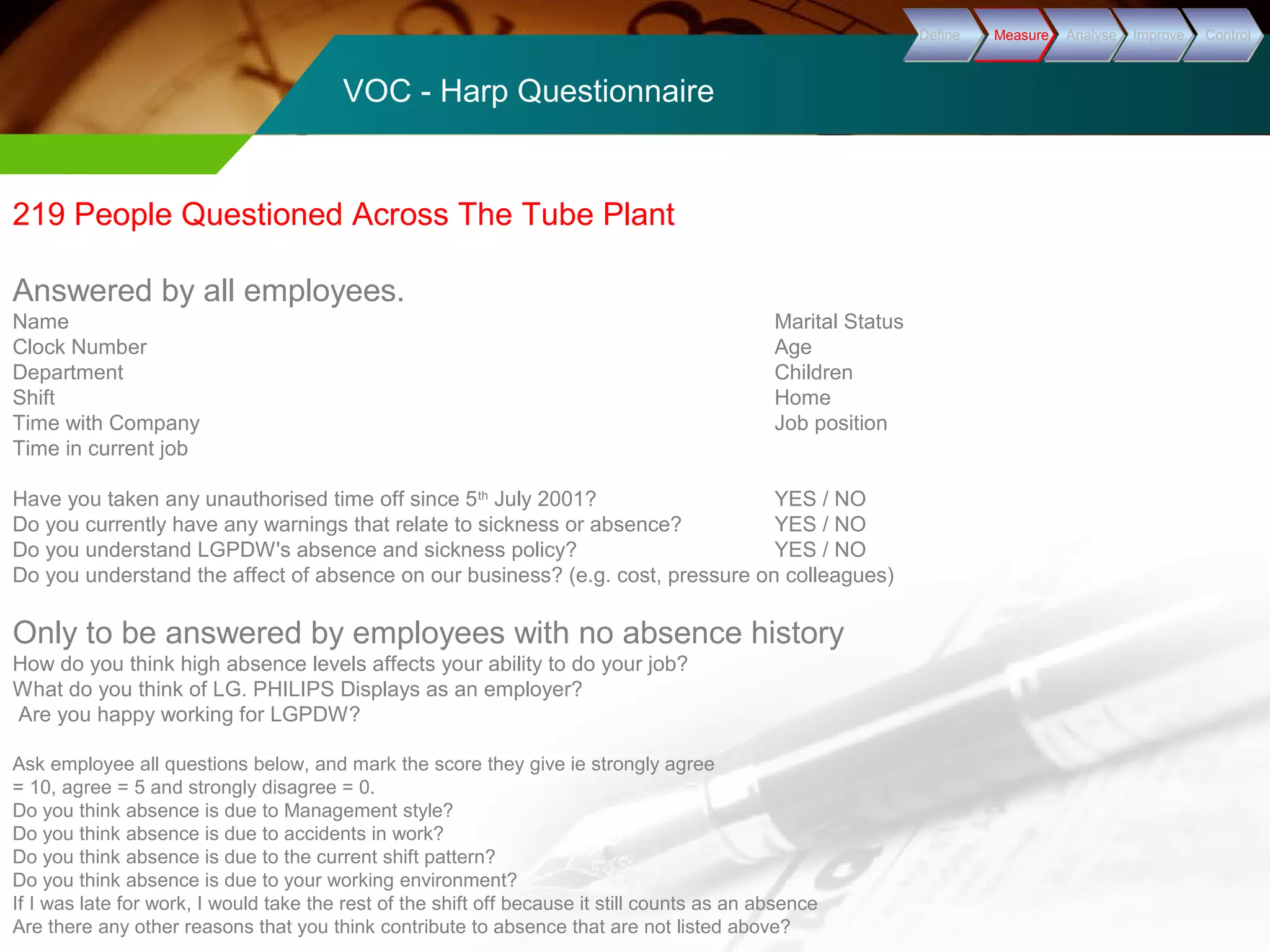 VOC - Harp Questionnaire 
219 People Questioned Across The Tube Plant 
Answered by all employees. 
Name Marital Status 
Clock Number Age 
Department Children 
Shift Home 
Time with Company Job position 
Time in current job 
Have you taken any unauthorised time off since 5th July 2001? YES / NO 
Do you currently have any warnings that relate to sickness or absence? YES / NO 
Do you understand LGPDW's absence and sickness policy? YES / NO 
Do you understand the affect of absence on our business? (e.g. cost, pressure on colleagues) 
Only to be answered by employees with no absence history 
How do you think high absence levels affects your ability to do your job? 
What do you think of LG. PHILIPS Displays as an employer? 
Are you happy working for LGPDW? 
Ask employee all questions below, and mark the score they give ie strongly agree 
= 10, agree = 5 and strongly disagree = 0. 
Do you think absence is due to Management style? 
Do you think absence is due to accidents in work? 
Do you think absence is due to the current shift pattern? 
Do you think absence is due to your working environment? 
If I was late for work, I would take the rest of the shift off because it still counts as an absence 
Are there any other reasons that you think contribute to absence that are not listed above? 
DDeeffiinnee MMeeaassuurree AAnnaallyyssee IImmpprroovvee CCoonnttrrooll 
 