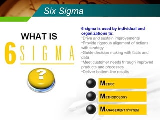 Six Sigma 
6 sigma is used by individual and 
organizations to: 
•Drive and sustain improvements 
•Provide rigorous alignment of actions 
with strategy 
•Guide decision making with facts and 
data 
•Meet customer needs through improved 
products and processes 
•Deliver bottom-line results 
 