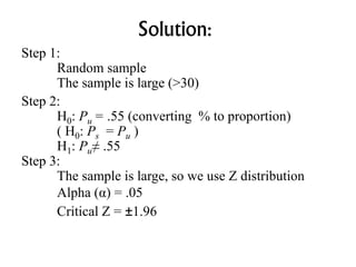 Solution:
Step 1:
Random sample
The sample is large (>30)
Step 2:
H0: Pu = .55 (converting % to proportion)
( H0: Ps = Pu )
H1: Pu≠ .55
Step 3:
The sample is large, so we use Z distribution
Alpha (α) = .05
Critical Z = ±1.96
 