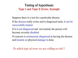 Testing of hypotheses
Type I and Type II Errors. Example
Suppose there is a test for a particular disease.
If the disease ...