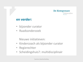 en verder:
• bijzonder curator
• Raadsonderzoek
Nieuwe initiatieven:
• Kindercoach als bijzonder curator
• Regierechter
• Scheidingshuis?: multidisciplinair
Seminar (v)echtscheiding
 