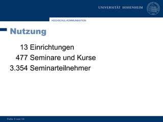 HOCHSCHUL-KOMMUNIKATION




  Nutzung
     13 Einrichtungen
    477 Seminare und Kurse
  3.354 Seminarteilnehmer




Folie 3 von 14
 