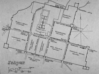 South of the main road were four almost equal
rectangles. The rectangle opposite the palace
has been broken up into two equal and smaller
rectangles by the Chaura Rasta.Thus altogether
there are now five rectangles on the south of
the main road called Chowkris.
On the North of the main road from West to
East are the Purani Basti, the Palace and
Ramchandraji.
The principal bazaar leads from the western
gate in the city wall, The Chandpole, passing in
front of the Tripolia Gate, to the eastern city
gate, the Surajpole.
 