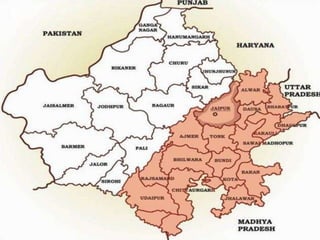 Jaipur lies at a distance of about 200 miles
from Delhi, 150 miles from Agra and 84 miles
from Ajmer. Capital city of Rajasthan is located
amidst the Aravali hill ranges at an altitude of
about 430 m above sea level.
Latitude – 26 55’ N
Longitude – 75 50’ E
The eastern Rajasthan, lying to the east and
south east of the Aravalli divide includes the
modern administrative districts of – Udaipur,
Chittorgarh, Rajsamand, Banswara, Dungarpur,
Kota, Bundi, Baran, Jhalawar, Bhilwara, Ajmer,
Jaipur, Tonk, Dausa, Dholpur, Karauli,
Bharatpur and Alwar.
The current district of Jaipur lies in Eastern
Rajasthan, in the Banas River basin and forms a
part of Eastern Plain of Rajasthan. The region
is drained by a number of seasonal rivers of
which Banganga, Dhundh and Bandi are
prominent.
 