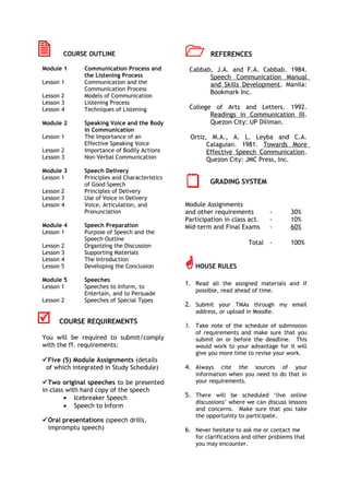         COURSE OUTLINE                                REFERENCES
Module 1      Communication Process and         Cabbab, J.A. and F.A. Cabbab. 1984.
              the Listening Process                   Speech Communication Manual
Lesson 1      Communication and the                   and Skills Development. Manila:
              Communication Process
                                                      Bookmark Inc.
Lesson 2      Models of Communication
Lesson 3      Listening Process
Lesson 4      Techniques of Listening           College of Arts and Letters. 1992.
                                                       Readings in Communication III.
Module 2      Speaking Voice and the Body              Quezon City: UP Diliman.
              in Communication
Lesson 1      The Importance of an              Ortiz, M.A., A. L. Leyba and C.A.
              Effective Speaking Voice                Calaguian. 1981. Towards More
Lesson 2      Importance of Bodily Actions            Effective Speech Communication.
Lesson 3      Non-Verbal Communication                Quezon City: JMC Press, Inc.
Module 3      Speech Delivery
Lesson 1

Lesson 2
              Principles and Characteristics
              of Good Speech
              Principles of Delivery
                                                       GRADING SYSTEM

Lesson 3      Use of Voice in Delivery
Lesson 4      Voice, Articulation, and         Module Assignments
              Pronunciation                    and other requirements          -       30%
                                               Participation in class act.     -       10%
Module 4      Speech Preparation               Mid-term and Final Exams        -       60%
Lesson 1      Purpose of Speech and the
              Speech Outline
Lesson   2    Organizing the Discussion
                                                                       Total -         100%
Lesson   3    Supporting Materials
Lesson
Lesson
         4
         5
              The Introduction
              Developing the Conclusion           HOUSE RULES

Module 5      Speeches
Lesson 1      Speeches to Inform, to
                                               1. Read all the assigned materials and if
                                                   possible, read ahead of time.
              Entertain, and to Persuade
Lesson 2      Speeches of Special Types
                                               2. Submit your TMAs through my email
                                                   address, or upload in Moodle.
     COURSE REQUIREMENTS
                                               3. Take note of the schedule of submission
                                                   of requirements and make sure that you
You will be required to submit/comply              submit on or before the deadline. This
with the ff. requirements:                         would work to your advantage for it will
                                                   give you more time to revise your work.
Five (5) Module Assignments (details
 of which integrated in Study Schedule)        4. Always    cite the sources of your
                                                   information when you need to do that in
Two original speeches to be presented             your requirements.
in class with hard copy of the speech
        • Icebreaker Speech                    5. There will be scheduled ‘live online
                                                   discussions’ where we can discuss lessons
        • Speech to Inform                         and concerns. Make sure that you take
                                                   the opportunity to participate.
Oral presentations (speech drills,
 impromptu speech)                             6. Never hesitate to ask me or contact me
                                                   for clarifications and other problems that
                                                   you may encounter.
 