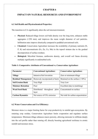 9
CHAPTER 6
IMPACT ON NATURAL RESOURCES AND ENVIRONMENT
6.1 Soil Health and Physicochemical Properties:
The transition to CA significantly alters the soil microenvironment.
• Physical: Reduced tillage lowers soil bulk density over the long term, enhances stable
aggregates (>250 mm), and improves the mean weight diameter of soil particles.
Infiltration rates improve drastically compared to puddled conventional soils.
• Chemical: Conservation Agriculture increases the availability of primary nutrients (N,
P, K) and micronutrients (Fe, Zn, Cu, Mn) in the topsoil stratum due to the gradual
decomposition of surface residues.
• Biological: Microbial biomass, earthworm density, and overall soil fauna diversity
multiply significantly in undisturbed soils.
Table 1: Comparative Attributes of Conventional vs. Conservation Agriculture
Parameter Conventional Agriculture Conservation Agriculture
Tillage Intensive/Soil invention Zero or minimum tillage
Residual Management Removed, incorporated or burnt Retained on the surface (>30%)
Soil Erosion Bank Very High Very Low
Moisture Retention Poor Excellent (due to mulching)
Weed Seed Bank Distributed throughout plow
layer
Concentrated on surface
Carbon Dynamics Net source of CO2 emission Net sink for carbon sequestration
6.2 Water Conservation and Use Efficiency:
Moisture stress is a major limiting factor for crop productivity in rainfed agro-ecosystems. By
retaining crop residue, Conservation Agriculture limits evaporation and regulates surface
temperatures. Minimum tillage enhances macro porosity, allowing rainwater to infiltrate deeply
into the soil profile rather than running off, directly boosting agricultural resilience to erratic
rainfall and moisture stress.
 