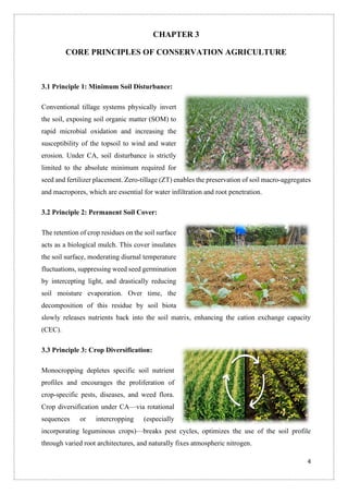 4
CHAPTER 3
CORE PRINCIPLES OF CONSERVATION AGRICULTURE
3.1 Principle 1: Minimum Soil Disturbance:
Conventional tillage systems physically invert
the soil, exposing soil organic matter (SOM) to
rapid microbial oxidation and increasing the
susceptibility of the topsoil to wind and water
erosion. Under CA, soil disturbance is strictly
limited to the absolute minimum required for
seed and fertilizer placement. Zero-tillage (ZT) enables the preservation of soil macro-aggregates
and macropores, which are essential for water infiltration and root penetration.
3.2 Principle 2: Permanent Soil Cover:
The retention of crop residues on the soil surface
acts as a biological mulch. This cover insulates
the soil surface, moderating diurnal temperature
fluctuations, suppressing weed seed germination
by intercepting light, and drastically reducing
soil moisture evaporation. Over time, the
decomposition of this residue by soil biota
slowly releases nutrients back into the soil matrix, enhancing the cation exchange capacity
(CEC).
3.3 Principle 3: Crop Diversification:
Monocropping depletes specific soil nutrient
profiles and encourages the proliferation of
crop-specific pests, diseases, and weed flora.
Crop diversification under CA—via rotational
sequences or intercropping (especially
incorporating leguminous crops)—breaks pest cycles, optimizes the use of the soil profile
through varied root architectures, and naturally fixes atmospheric nitrogen.
 