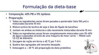 28
Formulação da dieta-base
● Composição: 40% PB e 11% lipídeos
● Preparação
1. Todos os ingredientes secos foram pesados e peneirador (tela 150 μm) e
misturados durante 10 min
2. Mistura prévia de lecitina de soja e óleo de fígado de bacalhau
3. Juntam-se ambas as misturas e são novamente misturadas durante 10 min
4. Todos os ingredientes secos foram completamente misturados com 35-40%
de água e passados através de uma máquina de moer carne Pélete com→
1,2-2,2 de diâmetro
5. Secagem da ração em forno a 40 ºC por 7-8 h
6. Quebra dos agregados até tamanho desejado
7. Estocagem a – 20 ºC até preparação da dieta probiótica
 