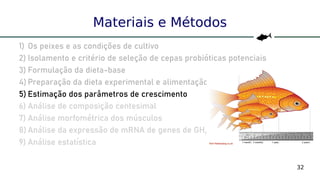 32
Materiais e Métodos
1) Os peixes e as condições de cultivo
2) Isolamento e critério de seleção de cepas probióticas potenciais
3) Formulação da dieta-base
4) Preparação da dieta experimental e alimentação
5) Estimação dos parâmetros de crescimento
6) Análise de composição centesimal
7) Análise morfométrica dos músculos
8) Análise da expressão de mRNA de genes de GH, IGF e MSTN
9) Análise estatística
 