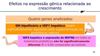 48
Efeitos na expressão gênica relacionada ao
crescimento
GH hipofisário e IGF1 hepático foram
sigficativamente regulados pela suplementação de
probióticos nativos
IGF2 hepático e expressão de MSTNb em todos os
tratamento probióticos não foi significativamente
diferente (P > 0,05) comparados ao controle
Quatro genes analizados:
 