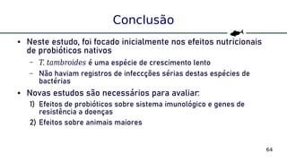 64
Conclusão
● Neste estudo, foi focado inicialmente nos efeitos nutricionais
de probióticos nativos
– T. tambroides é uma espécie de crescimento lento
– Não haviam registros de infeccções sérias destas espécies de
bactérias
● Novas estudos são necessários para avaliar:
1) Efeitos de probióticos sobre sistema imunológico e genes de
resistência a doenças
2) Efeitos sobre animais maiores
 