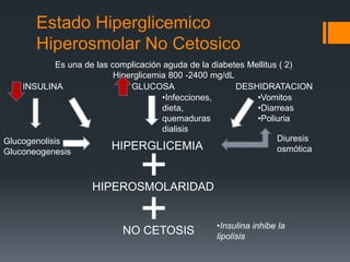 Estado Hiperglicemico
Hiperosmolar No Cetosico
INSULINA
Es una de las complicación aguda de la diabetes Mellitus ( 2)
Hiperglicemia 800 -2400 mg/dL
GLUCOSA
•Infecciones,
dieta,
quemaduras
dialisis
Glucogenolisis
Gluconeogenesis
HIPERGLICEMIA
+HIPEROSMOLARIDAD
DESHIDRATACION
•Vomitos
•Diarreas
•Poliuria
+NO CETOSIS
Diuresis
osmótica
•Insulina inhibe la
lipolisis
 