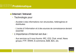 ProblématiqueInternet / IntranetTechnologie pourAccéder à des informations non structurées, hétérogènes et distribuées L’accès à l’information et à des sources de connaissance devient essentielL’importance d’Internet est due :Aux services qu’il nous fournis: IRC, ICQ, Chat, email, News groups, FTP, WWW, E-commerce, B2B, B2C, etc.