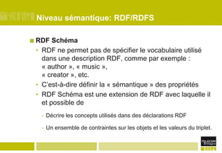 Niveau sémantique: RDF/RDFSRDF SchémaRDF ne permet pas de spécifier le vocabulaire utilisé dans une description RDF, comme par exemple : « author », « music », « creator », etc.C’est-à-dire définir la « sémantique » des propriétésRDF Schéma est une extension de RDF avec laquelle il et possible deDécrire les concepts utilisés dans des déclarations RDFUn ensemble de contraintes sur les objets et les valeurs du triplet.