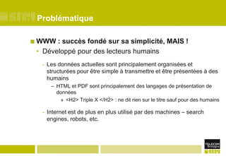 ProblématiqueWWW : succès fondé sur sa simplicité, MAIS !Développé pour des lecteurs humainsLes données actuelles sont principalement organisées et structurées pour être simple à transmettre et être présentées à des humainsHTML et PDF sont principalement des langages de présentation de données <H2> Triple X </H2> : ne dit rien sur le titre sauf pour des humainsInternet est de plus en plus utilisé par des machines – search engines, robots, etc.