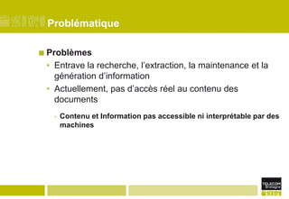 ProblématiqueProblèmesEntrave la recherche, l’extraction, la maintenance et la génération d’informationActuellement, pas d’accès réel au contenu des documentsContenu et Information pas accessible ni interprétable par des machines