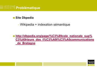 ProblématiqueSite DbpediaWikipedia + indexation sémantiquehttp://dbpedia.org/page/%C3%89cole_nationale_sup%C3%A9rieure_des_t%C3%A9l%C3%A9communications_de_Bretagne