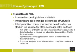 Niveau Syntaxique: XMLPropriétés de XMLIndépendant des logiciels et matériels Infrastructure des échanges de données structuréesInteropérabilité : conçu pour décrire des données, les stocker, les transporter et les échanger et les partagerXML DTD: une DTD défini les éléments constitutifs d’un documents. Il défini la structure syntaxique (un arbre) d’un document type à l’aide d’une grammaire.Il permet donc à toute application de vérifier la conformité d’un document à la DTDEt donc de manipuler et transformer celui-ci lorsqu’il est conforme à cette DTD.