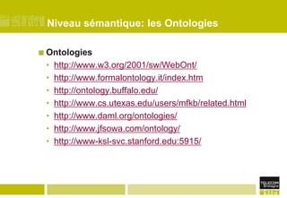Niveau sémantique: les OntologiesOntologieshttp://www.w3.org/2001/sw/WebOnt/http://www.formalontology.it/index.htmhttp://ontology.buffalo.edu/http://www.cs.utexas.edu/users/mfkb/related.htmlhttp://www.daml.org/ontologies/http://www.jfsowa.com/ontology/http://www-ksl-svc.stanford.edu:5915/