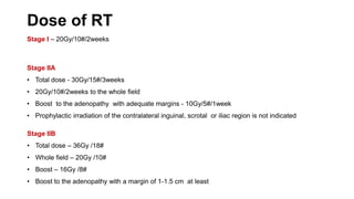 Stage IIA
• Total dose - 30Gy/15#/3weeks
• 20Gy/10#/2weeks to the whole field
• Boost to the adenopathy with adequate margins - 10Gy/5#/1week
• Prophylactic irradiation of the contralateral inguinal, scrotal or iliac region is not indicated
Stage IIB
• Total dose – 36Gy /18#
• Whole field – 20Gy /10#
• Boost – 16Gy /8#
• Boost to the adenopathy with a margin of 1-1.5 cm at least
Dose of RT
Stage I – 20Gy/10#/2weeks
 