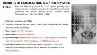 • Historically used since the 1950s
• Target encompasses the para- aortic, common iliac, external iliac and internal
iliac lymph nodes ipsilaterally.
• Upper border – D10 /D11 interspace
• Lower border – mid obturator foramen
• Ipsilateral margin – to the renal hilum down to L5-S1 , then diagonally to the lateral
edge of the acetabulum , then vertically down to mid obturator foramen.
• Contralateral margin - inclusion of transverse processus down to L5-S1 , then
diagonally in parallel to the ipsilateral margin, then vertically downward to mid
obturator foramen.
BORDERS OF CLASSICAL DOG LEG / HOCKEY STICK
FIELD
 