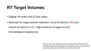 RT Target Volumes
• Dogleg: PA nodes and I/L Iliac nodes
• Rationale for target volume reduction: Acute GI toxicity: 60% and
chronic GI toxicity in 5% . High incidence of upper GI and
hematological malignancies
Aass N, Fossa˚ SD, Høst H: Acute and subacute side effects due to
infradiaphragmatic radiotherapy for testicular cancer: A prospective
study. Int J Radiat Oncol Biol Phys 22:1057-1064, 1992
 
