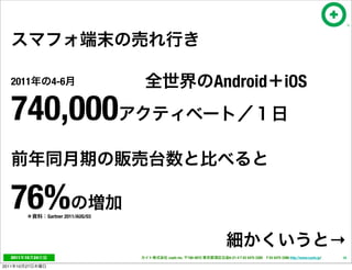 2011                4-6                                          Android iOS
   740,000

   76%                Gartner 2011/AUG/03




                                                                                                                                 →
   2011     10   24                         cayto inc.   108-0072    6-21-4 T 03 5475 3385 F 03 5475 3386 http://www.cayto.jp/   18

2011   10   27
 