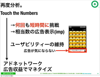 Touch the Numbers

                  →
                  →                 (imp)




   2011     10   24   cayto inc.   108-0072   6-21-4 T 03 5475 3385 F 03 5475 3386 http://www.cayto.jp/   50

2011   10   27
 