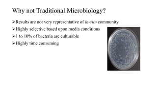 Why not Traditional Microbiology?
Results are not very representative of in-situ community
Highly selective based upon media conditions
1 to 10% of bacteria are culturable
Highly time consuming
 