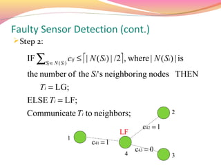 Faulty Sensor Detection (cont.)
 Step 2:

    IF ∑Sj ∈ N ( Si ) cij ≤  | N ( Si ) | /2 , where | N ( Si ) | is
    the number of the Si ' s neighboring nodes THEN
         Ti = LG;
    ELSE Ti = LF;
    Communicate Ti to neighbors;                                 2

                                                    c42 = 1
                                           LF
                     1
                               c41 = 1
                                                 c43 = 0
                                             4                   3
 