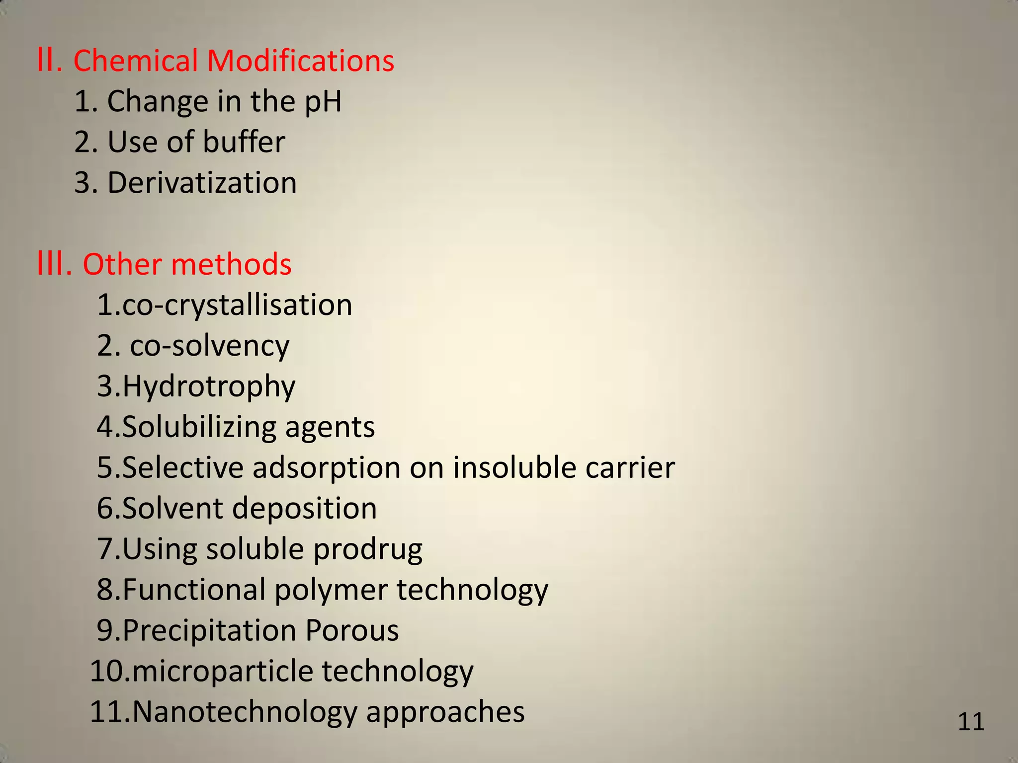II. Chemical Modifications
1. Change in the pH
2. Use of buffer
3. Derivatization

III. Other methods
1.co-crystallisation
2. co-solvency
3.Hydrotrophy
4.Solubilizing agents
5.Selective adsorption on insoluble carrier
6.Solvent deposition
7.Using soluble prodrug
8.Functional polymer technology
9.Precipitation Porous
10.microparticle technology
11.Nanotechnology approaches

11

 