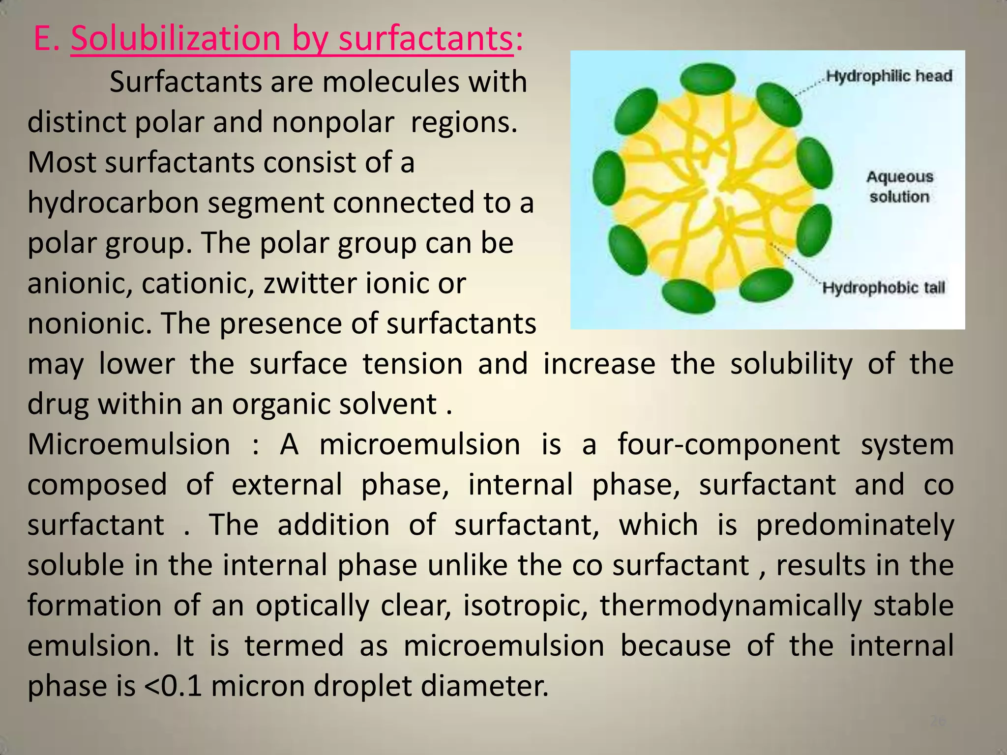 E. Solubilization by surfactants:
Surfactants are molecules with
distinct polar and nonpolar regions.
Most surfactants consist of a
hydrocarbon segment connected to a
polar group. The polar group can be
anionic, cationic, zwitter ionic or
nonionic. The presence of surfactants
may lower the surface tension and increase the solubility of the
drug within an organic solvent .
Microemulsion : A microemulsion is a four-component system
composed of external phase, internal phase, surfactant and co
surfactant . The addition of surfactant, which is predominately
soluble in the internal phase unlike the co surfactant , results in the
formation of an optically clear, isotropic, thermodynamically stable
emulsion. It is termed as microemulsion because of the internal
phase is <0.1 micron droplet diameter.
26

 
