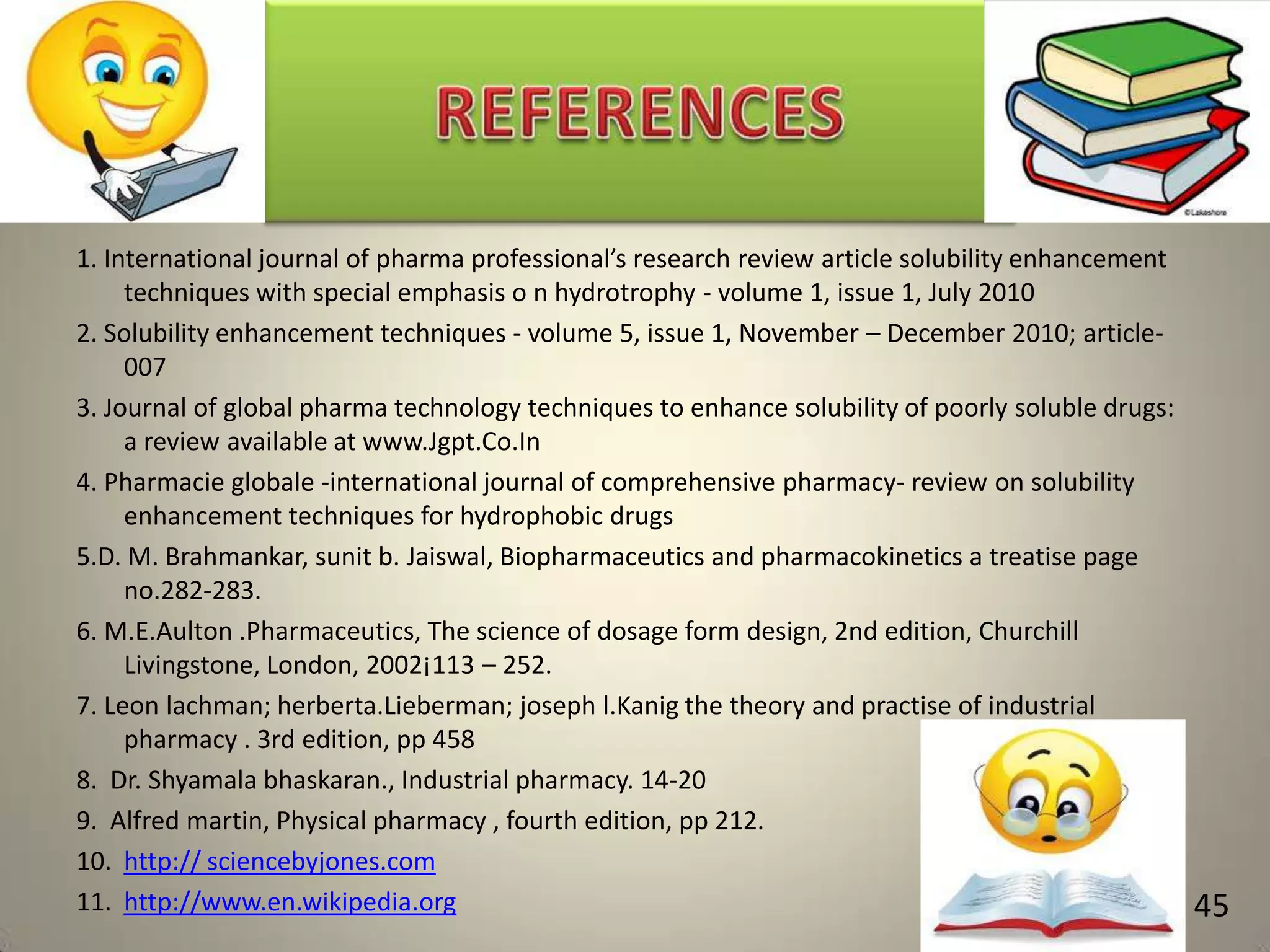 1. International journal of pharma professional’s research review article solubility enhancement
techniques with special emphasis o n hydrotrophy - volume 1, issue 1, July 2010
2. Solubility enhancement techniques - volume 5, issue 1, November – December 2010; article007
3. Journal of global pharma technology techniques to enhance solubility of poorly soluble drugs:
a review available at www.Jgpt.Co.In
4. Pharmacie globale -international journal of comprehensive pharmacy- review on solubility
enhancement techniques for hydrophobic drugs
5.D. M. Brahmankar, sunit b. Jaiswal, Biopharmaceutics and pharmacokinetics a treatise page
no.282-283.
6. M.E.Aulton .Pharmaceutics, The science of dosage form design, 2nd edition, Churchill
Livingstone, London, 2002¡113 – 252.
7. Leon lachman; herberta.Lieberman; joseph l.Kanig the theory and practise of industrial
pharmacy . 3rd edition, pp 458
8. Dr. Shyamala bhaskaran., Industrial pharmacy. 14-20
9. Alfred martin, Physical pharmacy , fourth edition, pp 212.
10. http:// sciencebyjones.com
11. http://www.en.wikipedia.org

45

 