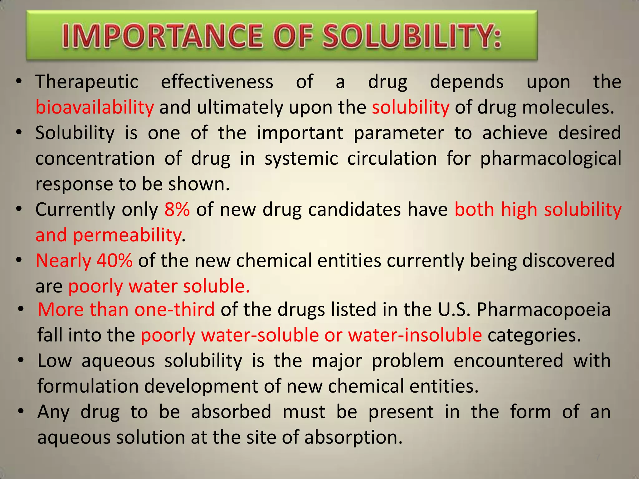 • Therapeutic effectiveness of a drug depends upon the
bioavailability and ultimately upon the solubility of drug molecules.
• Solubility is one of the important parameter to achieve desired
concentration of drug in systemic circulation for pharmacological
response to be shown.
• Currently only 8% of new drug candidates have both high solubility
and permeability.
• Nearly 40% of the new chemical entities currently being discovered
are poorly water soluble.
• More than one-third of the drugs listed in the U.S. Pharmacopoeia
fall into the poorly water-soluble or water-insoluble categories.
• Low aqueous solubility is the major problem encountered with
formulation development of new chemical entities.
• Any drug to be absorbed must be present in the form of an
aqueous solution at the site of absorption.
7

 