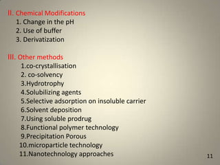 II. Chemical Modifications
1. Change in the pH
2. Use of buffer
3. Derivatization

III. Other methods
1.co-crystallisation
2. co-solvency
3.Hydrotrophy
4.Solubilizing agents
5.Selective adsorption on insoluble carrier
6.Solvent deposition
7.Using soluble prodrug
8.Functional polymer technology
9.Precipitation Porous
10.microparticle technology
11.Nanotechnology approaches

11

 