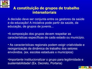 A constituição de grupos de trabalho intersetoriais A decisão deve ser conjunta entre os gestores da saúde e da educação! A iniciativa pode partir da saúde, da educação, de grupos de juvenis... A composição dos grupos devem respeitar as características específicas de cada estado ou município. As características regionais podem exigir criatividade e reorganização da dinâmica de trabalho dos setores envolvidos. (ex. escolas estaduais x municípios) Importante institucionalizar o grupo para legitimidade e sustentabilidade! (Ex. Decreto, Portaria) 