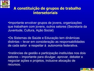 A constituição de grupos de trabalho intersetoriais Importante envolver grupos de jovens, organizações que trabalham com jovens, outros setores (Secretaria da Juventude, Cultura, Ação Social) Os Sistemas de Saúde e Educação tem dinâmicas distintas – levar em consideração as responsabilidades de cada setor  e respeitar à  autonomia federativa. Instâncias de gestão e participação instituídas nos dois setores – importante para divulgar, aprovar, debater e negociar ações e projetos, inclusive alocação de recursos. 