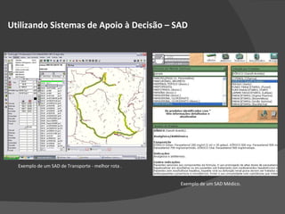 Utilizando Sistemas de Apoio à Decisão – SAD Exemplo de um SAD de Transporte - melhor rota . Exemplo de um SAD Médico. 