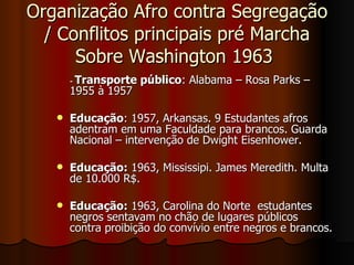Organização Afro contra Segregação / Conflitos principais pré Marcha Sobre Washington 1963  -  Transporte público : Alabama – Rosa Parks – 1955 à 1957 Educação : 1957, Arkansas. 9 Estudantes afros adentram em uma Faculdade para brancos. Guarda Nacional – intervenção de Dwight Eisenhower.  Educação:  1963, Mississipi. James Meredith. Multa de 10.000 R$.  Educação:  1963, Carolina do Norte  estudantes negros sentavam no chão de lugares públicos contra proibição do convívio entre negros e brancos. 