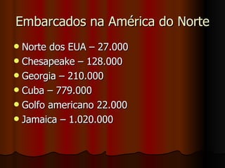 Embarcados na América do Norte Norte dos EUA – 27.000 Chesapeake – 128.000 Georgia – 210.000 Cuba – 779.000 Golfo americano 22.000 Jamaica – 1.020.000 